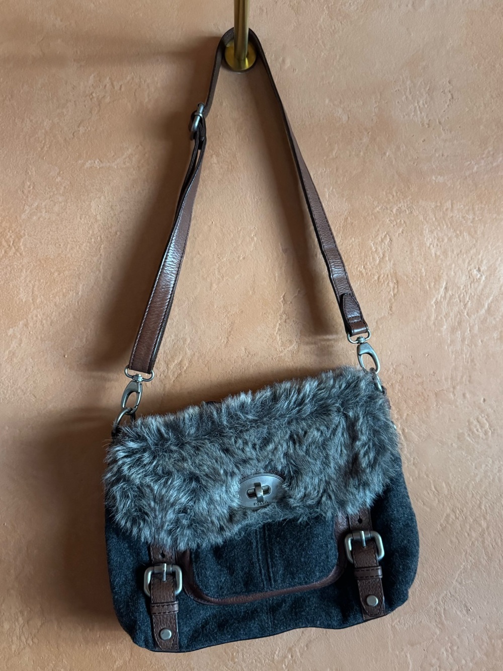 Fossil Maddox Faux Fur Leather Crossbody Bag Charcoal Y2K Vintage